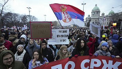 FILE: People gather in front of Serbia's Constitutional Court during a protest over the collapse of a concrete awning that killed 15 more than two months ago, 12 January 2025