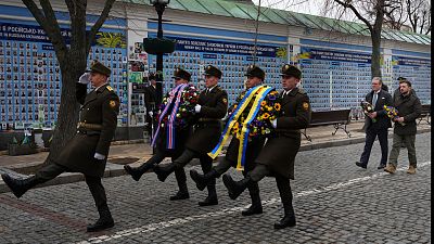 Starmer and Zelenskyy at The Wall of Remembrance of the Fallen for Ukraine in Kyiv.