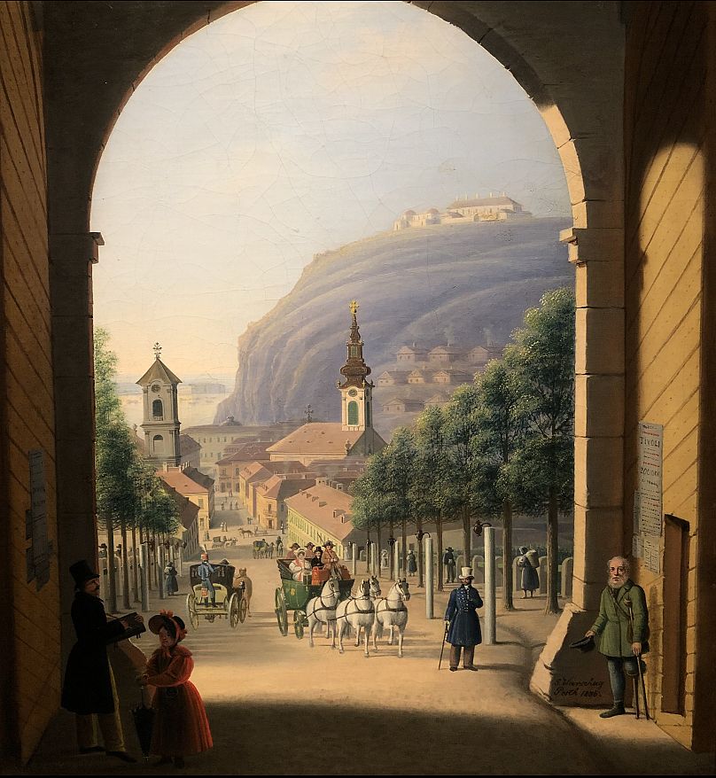 A budai Várból kivezető tabáni kapu Warschag Jakab festményén, 1836, BTM/Kiscelli