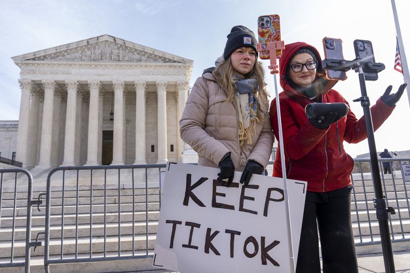 FILE - Sarah Baus, left, of Charleston, S.C., and Tiffany Cianci, protesting against proposed TikTok ban outside the Supreme Court, Jan 10 2025