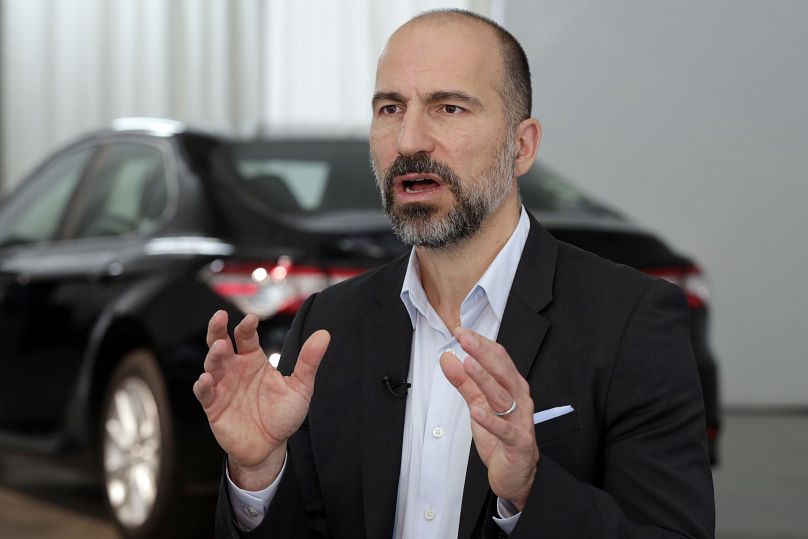 Uber CEO Dara Khosrowshahi is interviewed after the company's unveiling of the new features, in New York, Wednesday, Sept. 5, 2018.