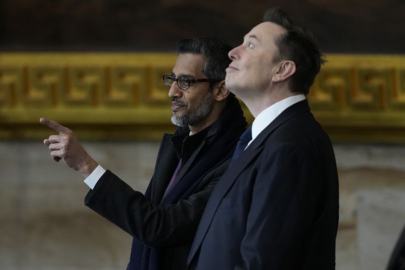 Google CEO Sundar Pichai and Elon Musk arrive before the 60th Presidential Inauguration in the Rotunda of the U.S. Capitol in Washington, Monday, Jan. 20, 2025.