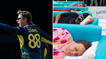 Australian cricketer Adam Zampa sporting a mullet, 2024, and sleeping Spaniards at a Siesta Championship in Madrid, 2010. Australian cricketer Adam Zampa sporting a mullet, 2024, and sleeping Spaniards at a Siesta Championship in Madrid, 2010.