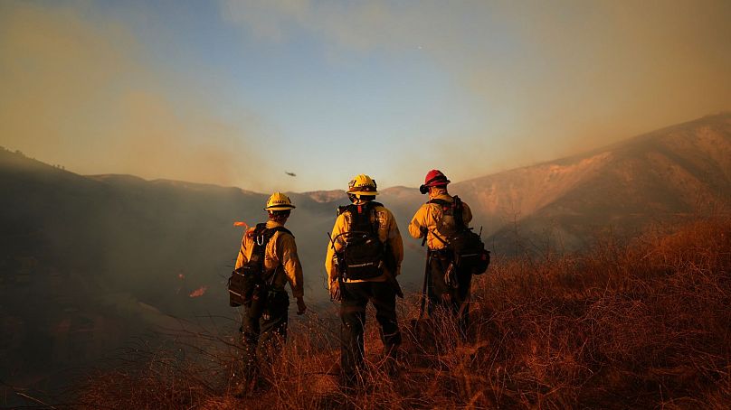 Firefighters look out over the Kenneth Fire, 9 January, in the West Hills section of Los Angeles. 
