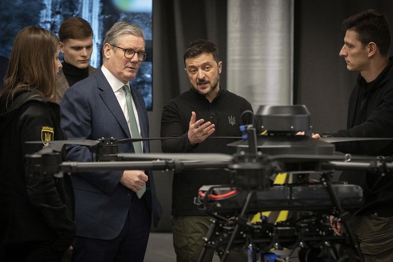 British Prime Minister Keir Starmer and Ukrainian President Volodymyr Zelenskyy attend a presentation of Ukrainian military drones in Kyiv, 16 January, 2025