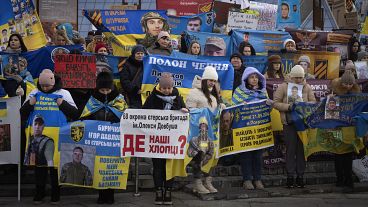 People attend a rally in Kyiv demanding to free Ukrainian prisoners of war who are held in captivity in Russia, 18 January, 2025