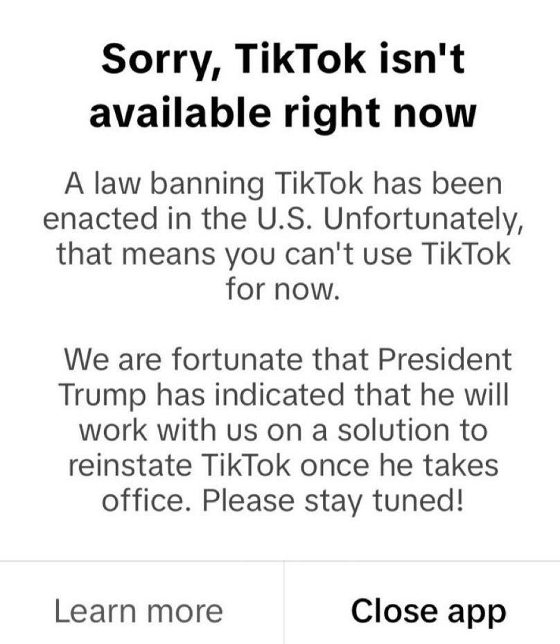 Mensaje de Tiktok en EE.UU. tras la prohibición