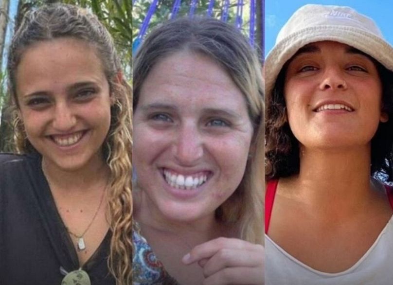 Montagem com as três reféns libertadas pelo Hamas