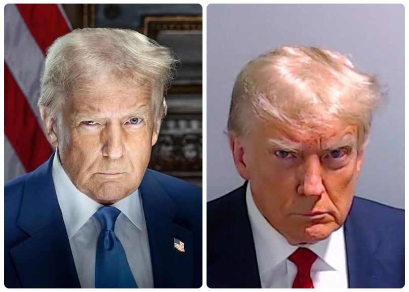 Donald Trump hivatalos portréja (b) és a Fulton megyei börtönben, 2023-ban készült fotó (j)