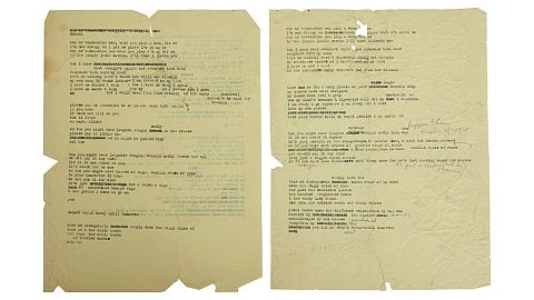 An image released by Julien's Auctions shows musician Bob Dylan's lyrics for famed song "Mr. Tamborine Man" are show in this undated image.