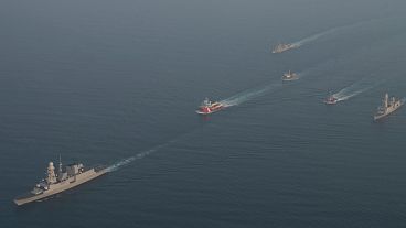 Warships escort salvage ships on 14 September, 2024, in the Red Sea as part of the EU's Operation Aspides. Warships escort salvage ships on 14 September, 2024, in the Red Sea as part of the EU's Operation Aspides.