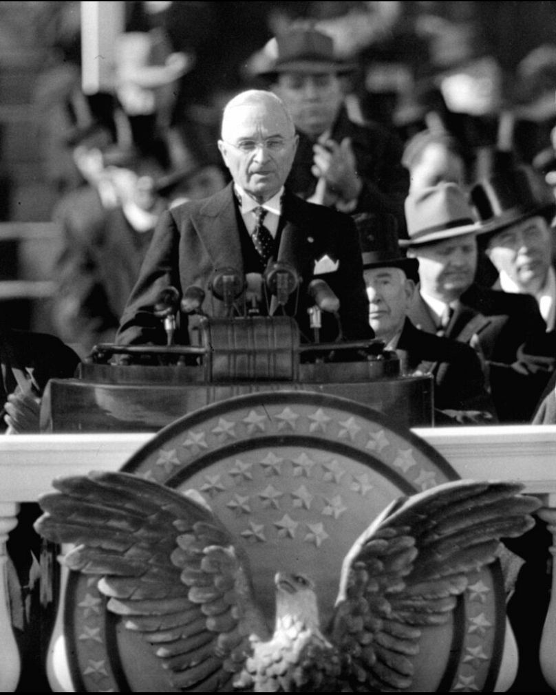 President Harry S. Truman delivers inaugural address from Capitol portico, January 20, 1949, after taking oath of office for his first full term as chief executive