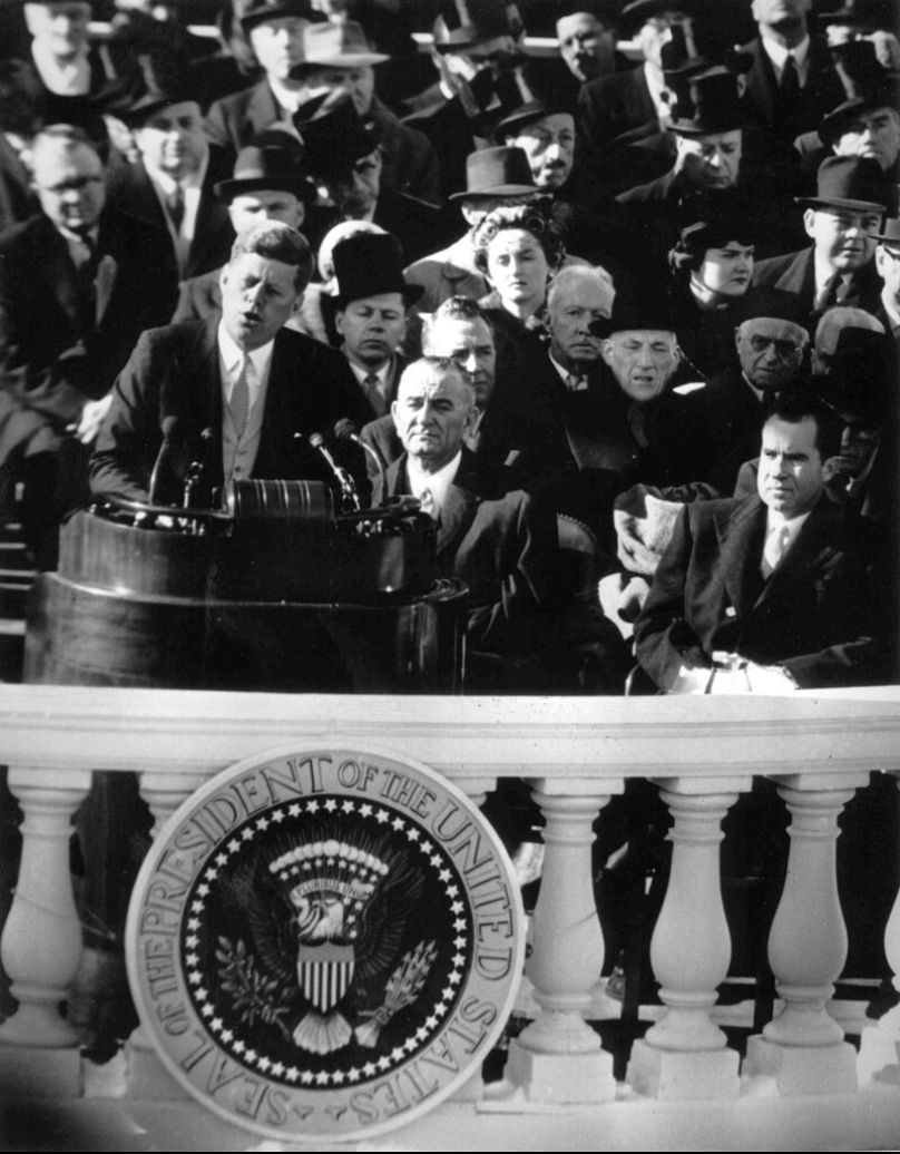 U.S. President John F. Kennedy delivers his inaugural address after taking the oath of office at the Capitol in Washington Jan. 20, 1961