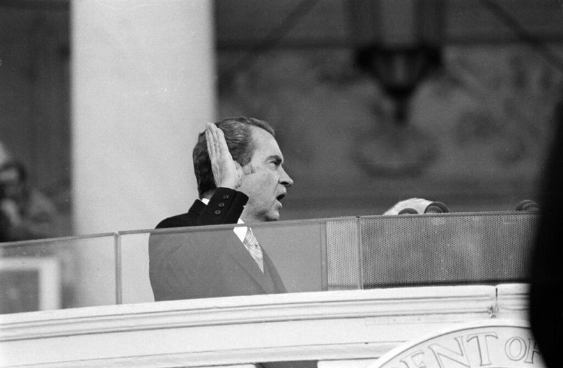 U.S. President Richard Nixon takes the oath of office as he is sworn in for a second term in Washington, D.C., Jan. 20, 1973