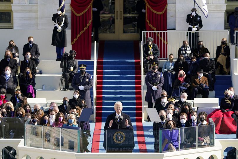 Biden speaks during the 59th Presidential Inauguration at the U.S. Capitol in Washington, Wednesday, Jan. 20, 2021