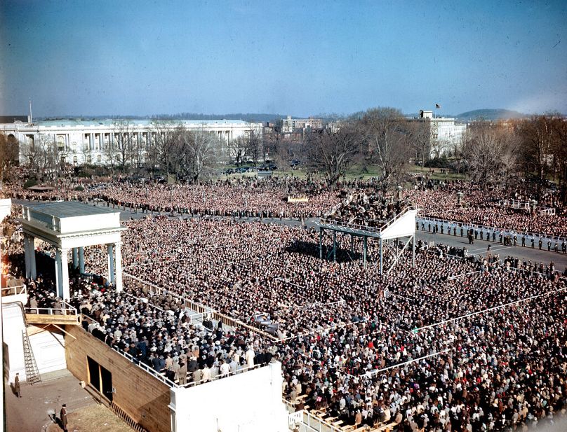 People gather in front of the Capitol Building for Harry S. Truman's inauguration ceremony as he takes the oath of office in Washington, D.C., on Jan. 20, 1949