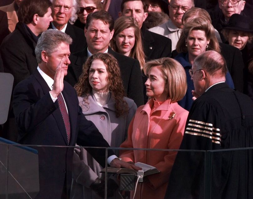 President Clinton is sworn in for his second term Monday, Jan. 20, 1997, in Washington by Chief Justice of the United States William Rehnquist