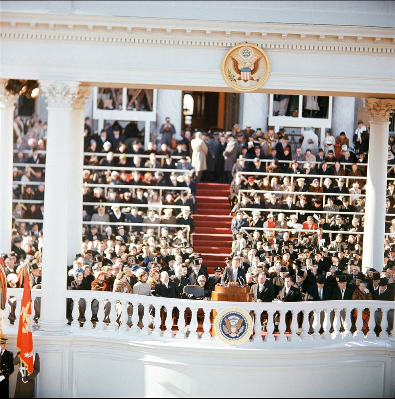 John F. Kennedy speaking for the first time as President of the United States in front of the Capitol in Washington, Jan. 20, 1961, during the inaugural ceremonies