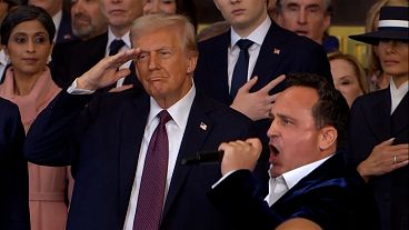 Donald Trump saluting during the national anthem performed by opera tenor Christopher Macchio in Washington DC, USA on 20.01.2025