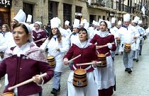 Participants in the Tamborrada parade through the streets of San Sebastian in Spain on 20.01.2025