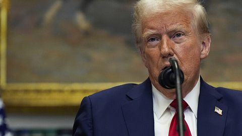 President Donald Trump speaks in the Roosevelt Room of the White House, Tuesday, Jan. 21, 2025, in Washington