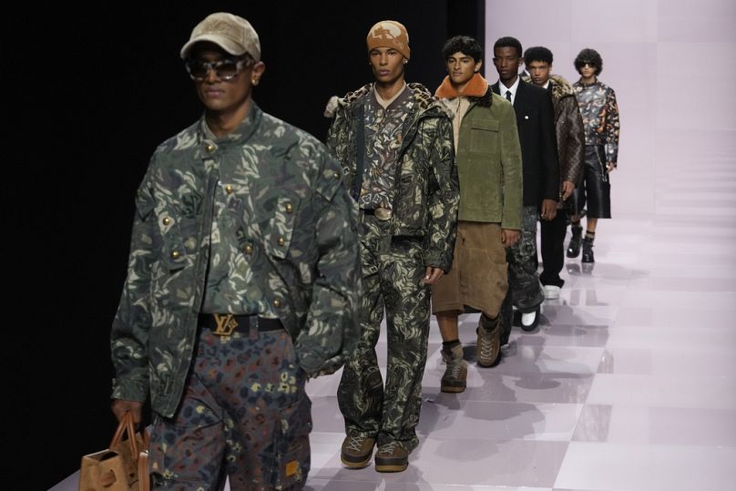 Models showcase creations from the Louis Vuitton Fall-Winter 2025-2026 collection in Paris on Tuesday, 21 Jan. 2025.