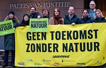 Greenpeace employees stand in front of the Palace of Justice in The Hague holding a banner reading ‘No Future Without Nature’ and green signs reading ‘Protect our nature’.