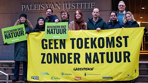 Dipendenti di Greenpeace si trovano davanti al Palazzo di Giustizia dell'Aia con uno striscione che recita "Non c'è futuro senza natura" 