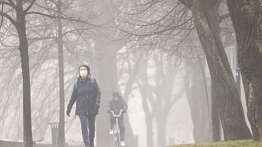 A woman wears a mask to protect herself from air pollution in Sarajevo, Bosnia-Herzegovina, 22.01.2025
