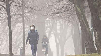 A woman wears a mask to protect herself from air pollution in Sarajevo, Bosnia-Herzegovina, 22.01.2025