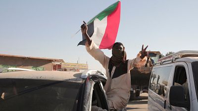 A Sudanese man gestures waving a Sudan flag following reports that Sudan's army had entered the central city of Wad Madani, January 2025.