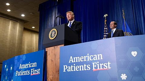 President Donald Trump talks about drug prices during a visit to the Department of Health and Human Services in Washington, Oct. 25, 2018.