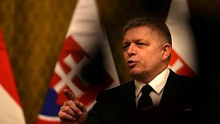 Slovakia's Prime Minister Robert Fico addresses the media during a meeting with his Hungarian counterpart Viktor Orban in Bratislava, Slovakia, Tuesday, Jan. 21, 2025.