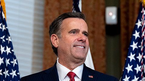 John Ratcliffe listens before Vice President JD Vance swears him in as CIA Director in the Vice Presidential ceremonial office in the Eisenhower Executive Office Building.