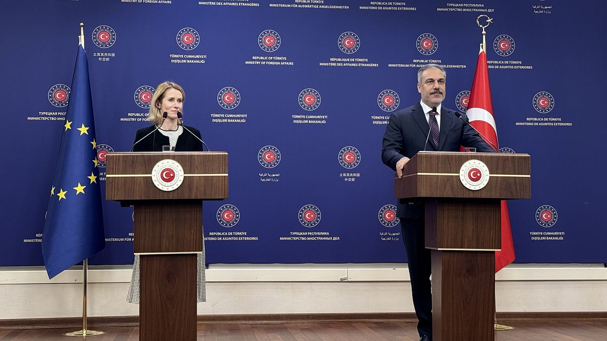 AB Dış Politika Şefi Kaja Kallas (solda) ve Dışişleri Bakanı Hakan Fidan, 24 Ocak 2025 Cuma günü Ankara'daki Dışişleri Bakanlığı yerleşkesinde görüntüleniyor AB Dış Politika Şefi Kaja Kallas (solda) ve Dışişleri Bakanı Hakan Fidan, 24 Ocak 2025 Cuma günü Ankara'daki Dışişleri Bakanlığı yerleşkesinde görüntüleniyor
