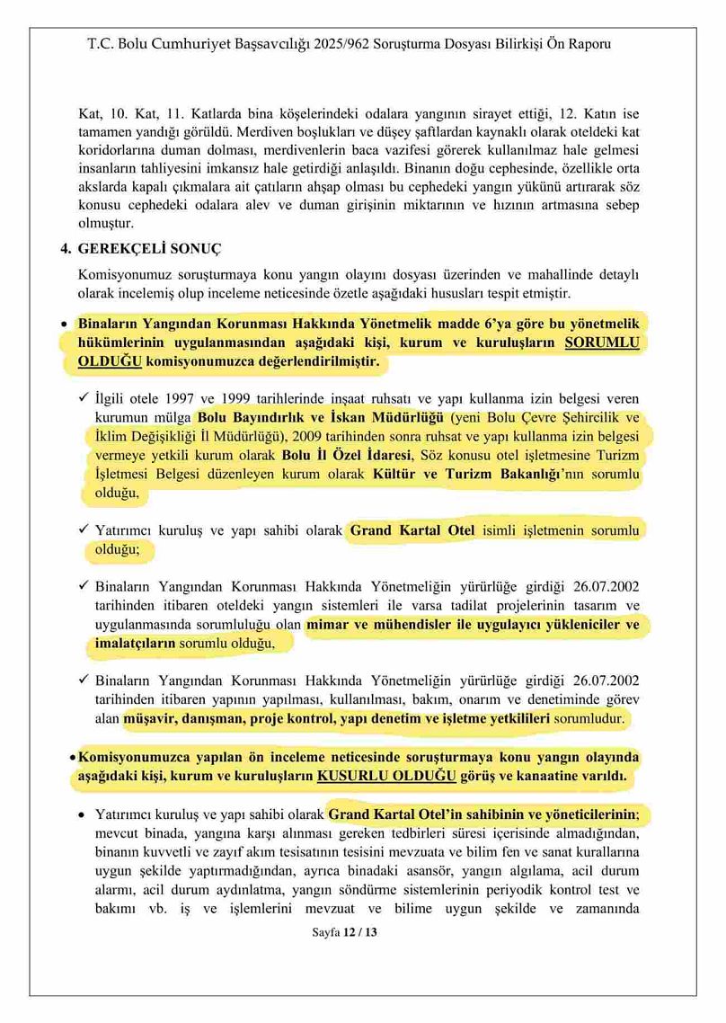 Yangınla ilgili ön inceleme raporu