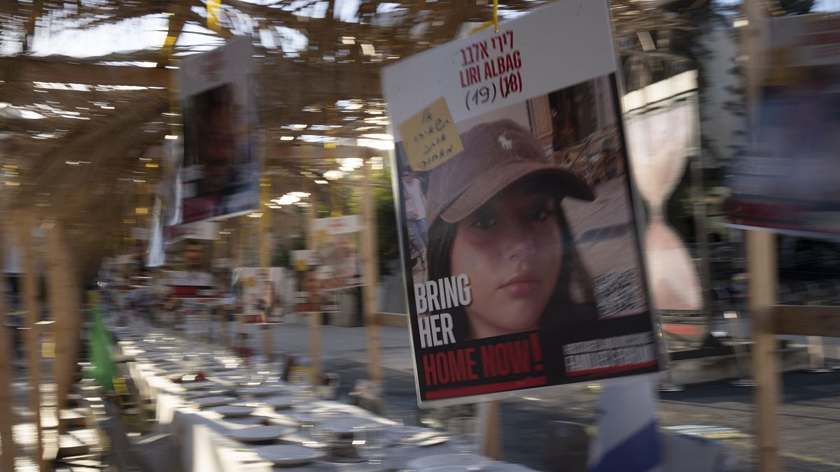 A poster of Liri Albag over a display of empty chairs for each hostage in Tel Aviv, 24 January, 2025