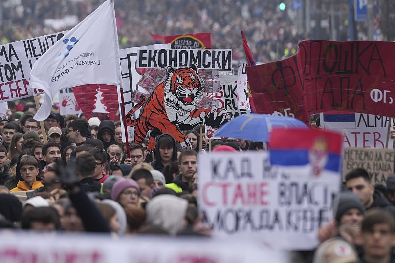 University students join calls for a general strike after more than two months of protests over the collapse of a concrete canopy at Novi Sad railway station, 24 January, 2025