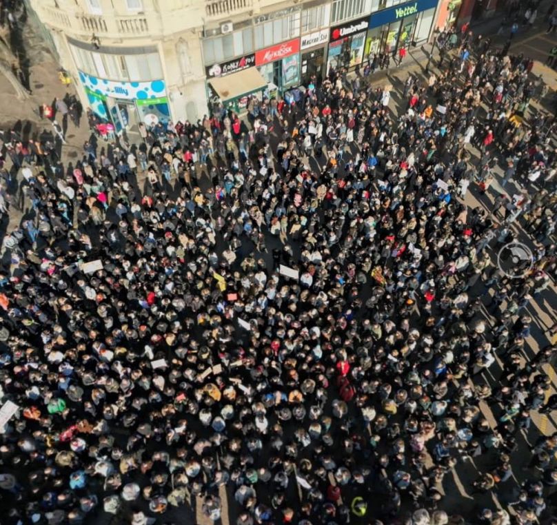 Az általános sztrájk részvevői Szabadkán, 2025. január 24-én
