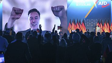 Elon Musk is shown during a live video link at an ADF event in Halle, Germany. 25 Jan 2025.