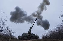 A Ukrainian brigade fires a self-propelled howitzer toward Russian front-line positions in the Donetsk region of eastern Ukraine, 23 January 2025