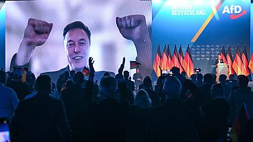U.S. businessman Elon Musk is shown during a live video link, as Alice Weidel, AfD candidate for chancellor takes to the stage, during the AfD's election campaign kick-off. U.S. businessman Elon Musk is shown during a live video link, as Alice Weidel, AfD candidate for chancellor takes to the stage, during the AfD's election campaign kick-off.