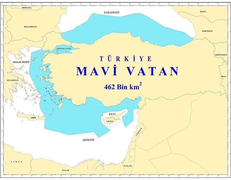 Emekli Tümamiral Cihat Yaycı'nın çizdiği ve geliştirdiği Mavi Vatan haritasının bir örneği.