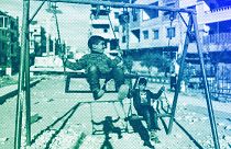  Children play in the town of Harasta, which saw fierce fighting during the war between opposition forces and the Assad regime, on the outskirts of Damascus, January 2025