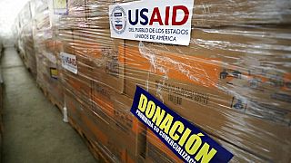 FILE: USAID humanitarian aid is stored at a warehouse next to the Tienditas International Bridge on the outskirts of Cucuta, Colombia, Feb. 19, 2019.