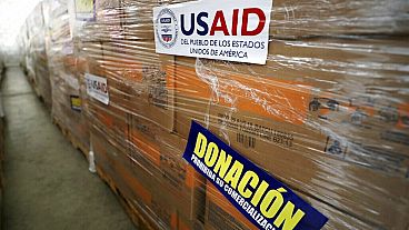 FILE: USAID humanitarian aid is stored at a warehouse next to the Tienditas International Bridge on the outskirts of Cucuta, Colombia, Feb. 19, 2019.