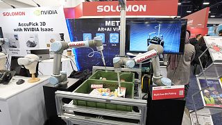 A Solomon Multi Arm Bin Picking machine with Nvidia Isaac robotics is displayed at a Solomon booth during January's CES tech show in Las Vegas