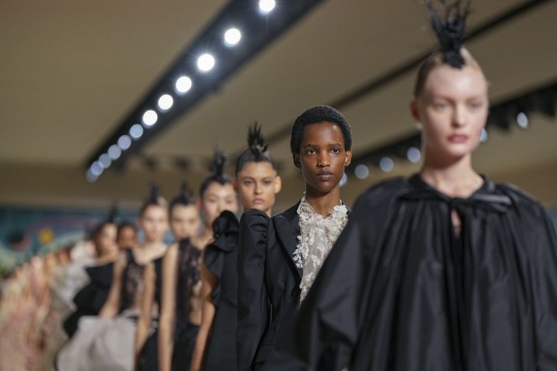 Models wear creations as part of the Christian Dior Haute Couture Spring Summer 2025 collection, that was presented in Paris, 27 January 2025.