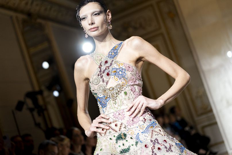 A model wears a creation as part of the Giorgio Armani Prive Haute Couture Spring Summer 2025 collection