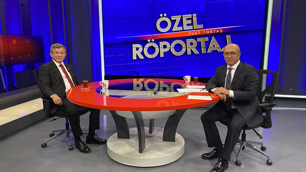 Halk TV Genel Yayın Yönetmeni Suat Toktaş (sağda), Gelecek Partisi Genel Başkanı Ahmet Davutoğlu (solda) ile beraber, 5 Şubat 2022 